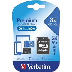 Verbatim Premium Micro SDHC Memory Card With Adapter Class 10 USH-I 32GB Black