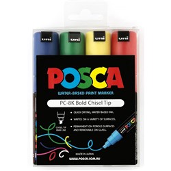 Uni Posca PC-8K Paint Marker Broad 8mm Chisel Tip  Assorted Colours Wallet Of 4