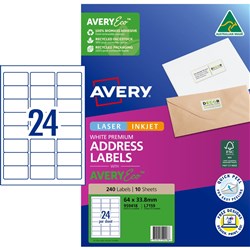 Avery Premium Address Labels White Laser Inkjet AveryEco L7159 64x33.8mm 24UP 240 Lab