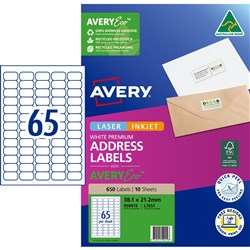 Avery Premium Address Labels White Laser Inkjet AveryEco L7651 38.1x21mm 65UP 650 Lab