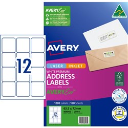 Avery Premium Address Labels White Laser Inkjet AveryEco L7164 63.5x72mm 12UP 1200 Lab
