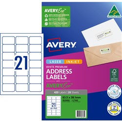 Avery Premium Address Labels White Laser Inkjet AveryEco L7160 63.5x38.1mm 21UP 420 Lab