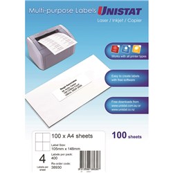 Unistat Laser Copier & Inkjet Labels 105x148mm 4UP 400 Labels 100 Sheets