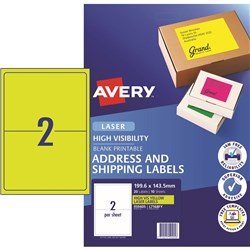 Avery High Visibility Shipping Laser Labels Yellow L7168FY 199.6x143.5mm 2UP 20 Labels